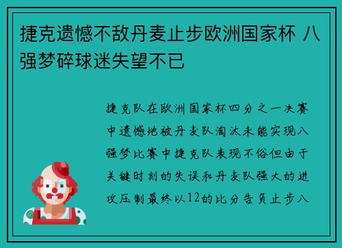 捷克遗憾不敌丹麦止步欧洲国家杯 八强梦碎球迷失望不已